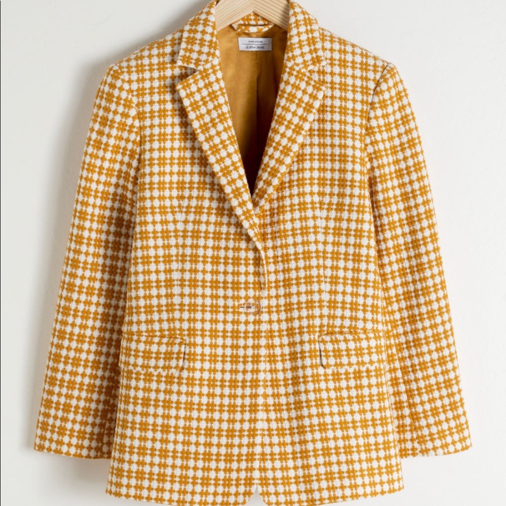 ISO Other stories yellow cross stitch tweed blazer
